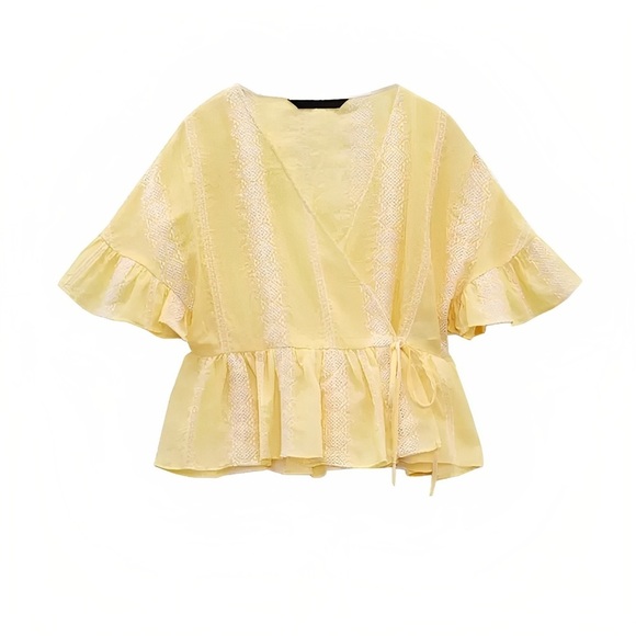 Zara Ruffled Sleeve Embroidered Peasant Wrap Top Yellow Size Medium - Picture 11 of 13
